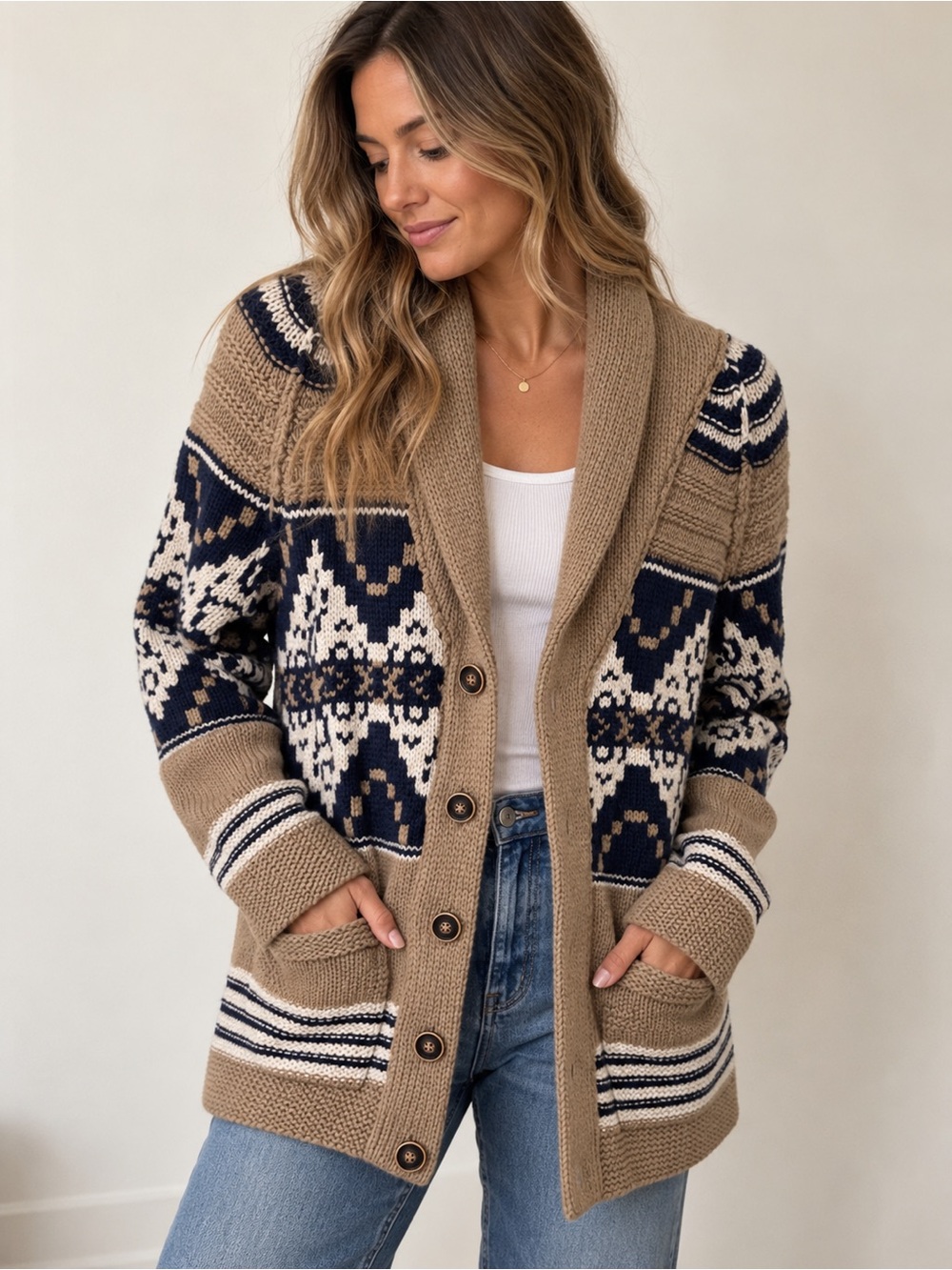 Mexx Lambswool Fair Isle Shawl Collar Chunky Knit Cardigan